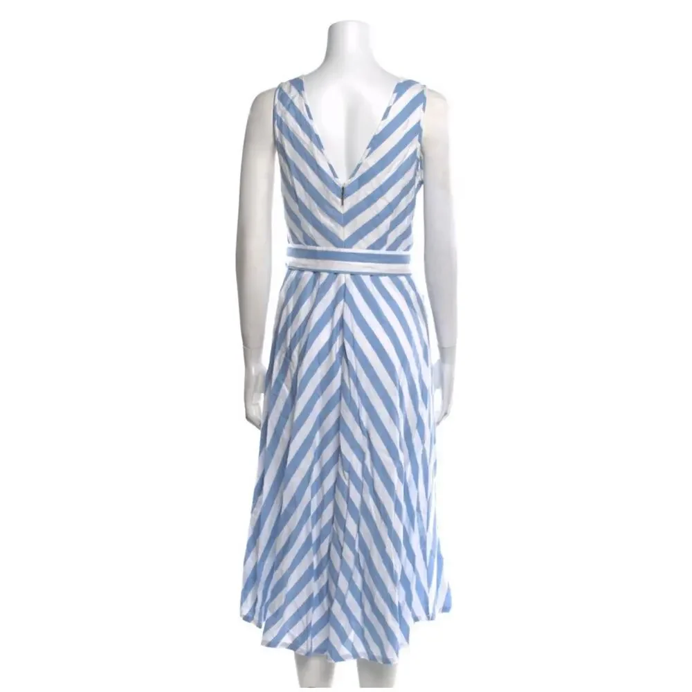 Kate Spade Deck Blue White Stripe Linen Blend V Neck Midi Dress Blue SIZE 8